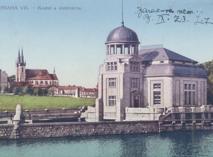Pohlednice se zobrazením vodní elektrárny z roku 1915 foto archiv Povodí Vltavy státní podnik