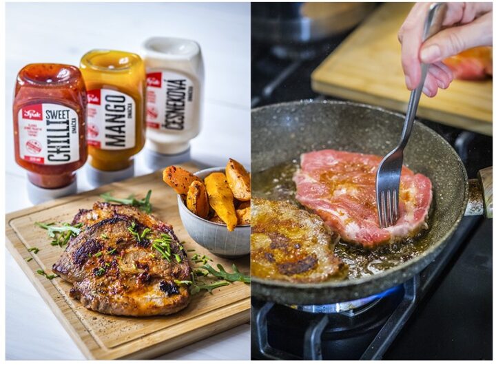 steak z krkovice, Spak, recept, vaření, krkovice, česnek, Chilli omáčka Spak, Mango omáčka Spak, Česneková omáčka Spak,