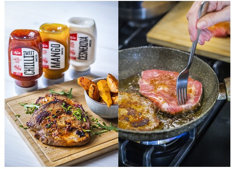 steak z krkovice, Spak, recept, vaření, krkovice, česnek, Chilli omáčka Spak, Mango omáčka Spak, Česneková omáčka Spak,