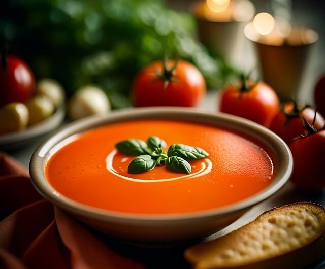 rajčatová polévka, zimní recept, zdravé jídlo, vaření, recepty, bazalka, zeleninový vývar