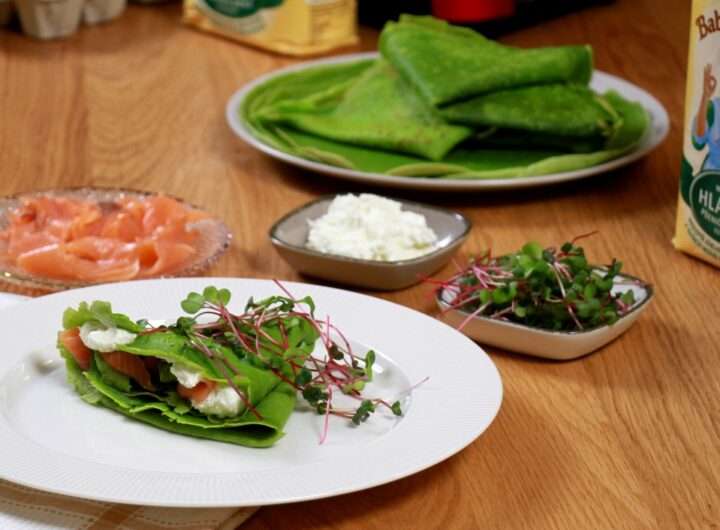 Špenátové palačinky, žerve, losos, tvaroh, klíčky, pokrm, recept, vaření