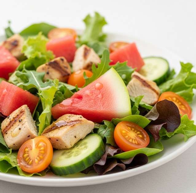 salát s grilovaným kuřecím masem a melounem