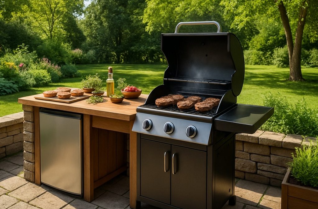 PLANEO, venkovní kuchyně, Prostorný stůl, grily na dřevěné uhlí, gryl