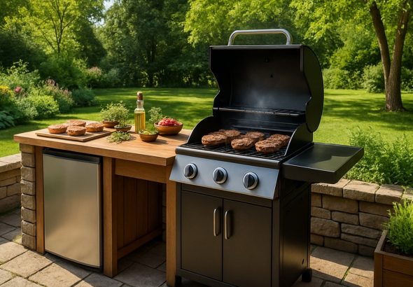 PLANEO, venkovní kuchyně, Prostorný stůl, grily na dřevěné uhlí, gryl