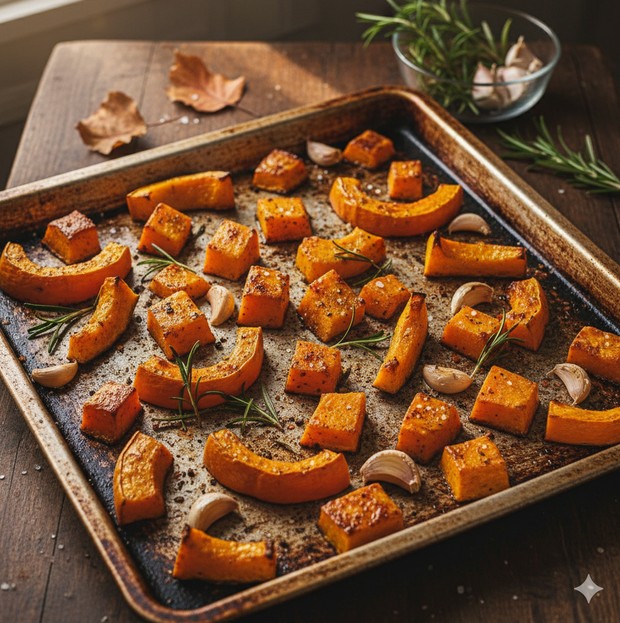 Pečená dýně Hokkaidó, vaření, recept, podzim, dýně, česnek, rozmarín