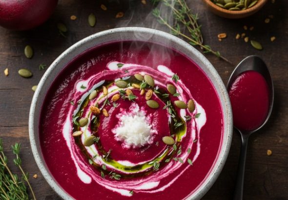 Krémová polévka z pečené červené řepy, recept, vaření, podzimní recepty, řepa, pečená řepa, polévka