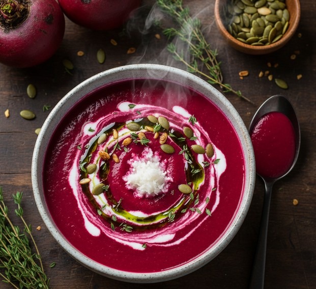 Krémová polévka z pečené červené řepy, recept, vaření, podzimní recepty, řepa, pečená řepa, polévka