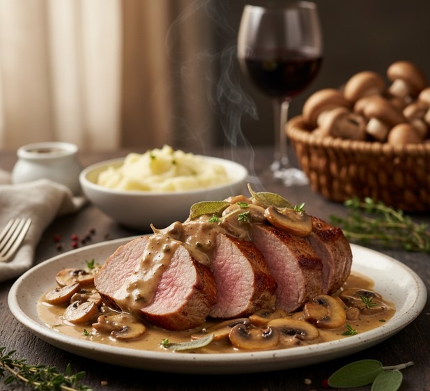 Vepřová panenka s krémovou houbovou omáčkou, vaření, houby,