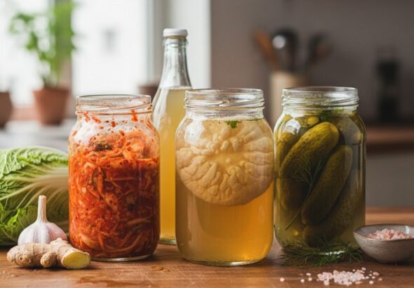 Sestava sklenic s domácím kimchi, kvašenými okurkami a kombuchou na dřevěné kuchyňské lince, Domácí fermentace pro začátečníky