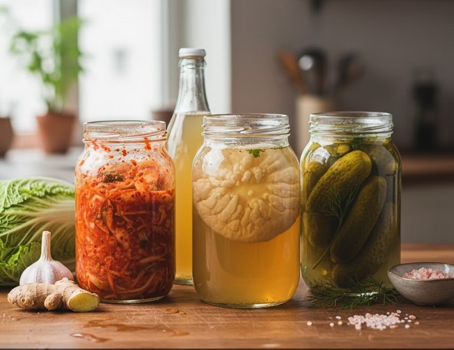 Sestava sklenic s domácím kimchi, kvašenými okurkami a kombuchou na dřevěné kuchyňské lince, Domácí fermentace pro začátečníky