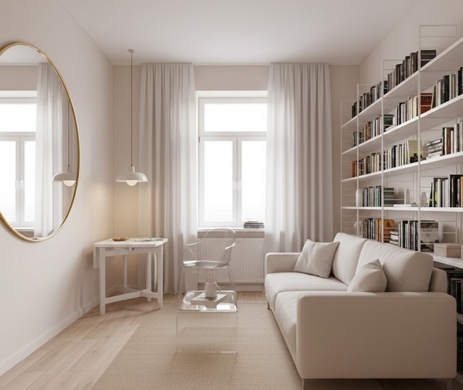 Jak zařídit malý byt, Moderně zařízený malý obývací pokoj s multifunkčním nábytkem a světlými stěnami.